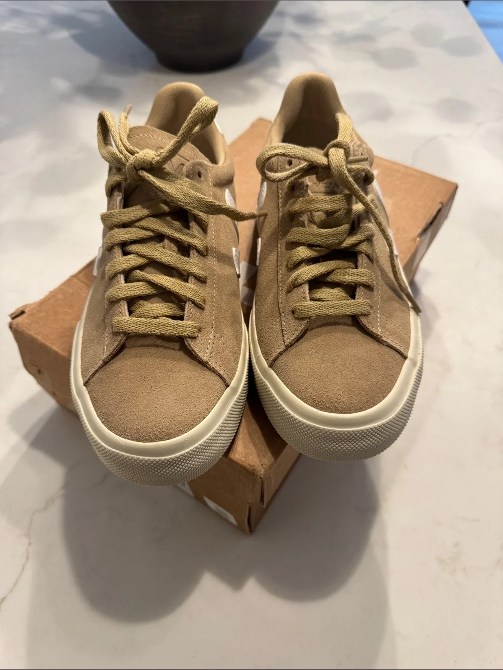 Veja Women's Suede Sneakers in Tan and White